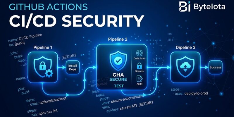 GitHub Actions CI/CD pipeline security visualization showing three pipeline nodes with shield icons and YAML workflow code