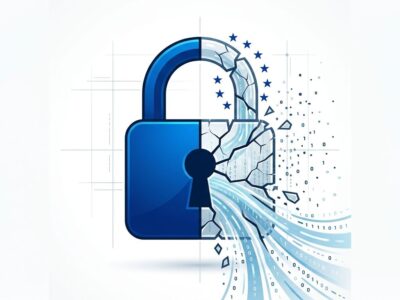 Split lock icon representing Mistral privacy breach with EU stars, blue and white tech blog aesthetic
