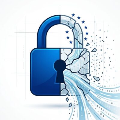 Split lock icon representing Mistral privacy breach with EU stars, blue and white tech blog aesthetic