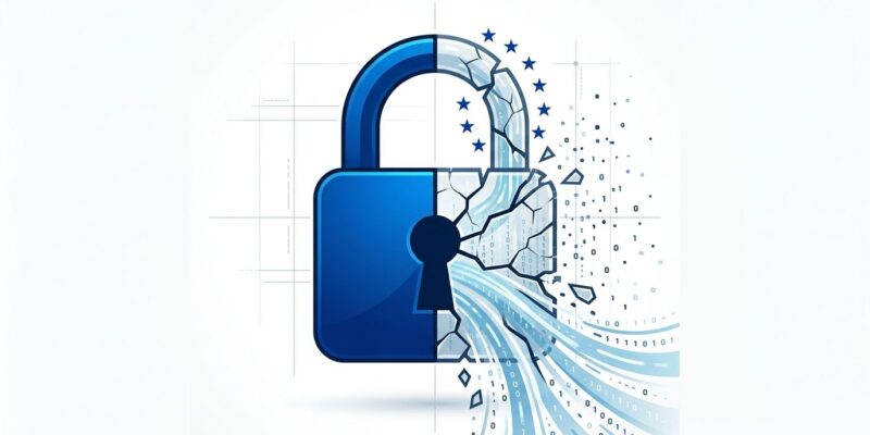 Split lock icon representing Mistral privacy breach with EU stars, blue and white tech blog aesthetic