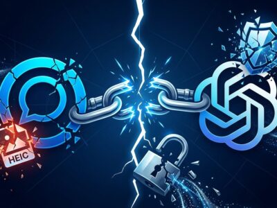 Broken chain link showing Discourse forum and OpenAI logo fragmenting apart, representing the libheif heap overflow and SSO breach attack chain