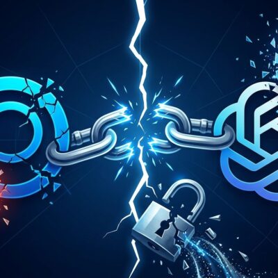 Broken chain link showing Discourse forum and OpenAI logo fragmenting apart, representing the libheif heap overflow and SSO breach attack chain