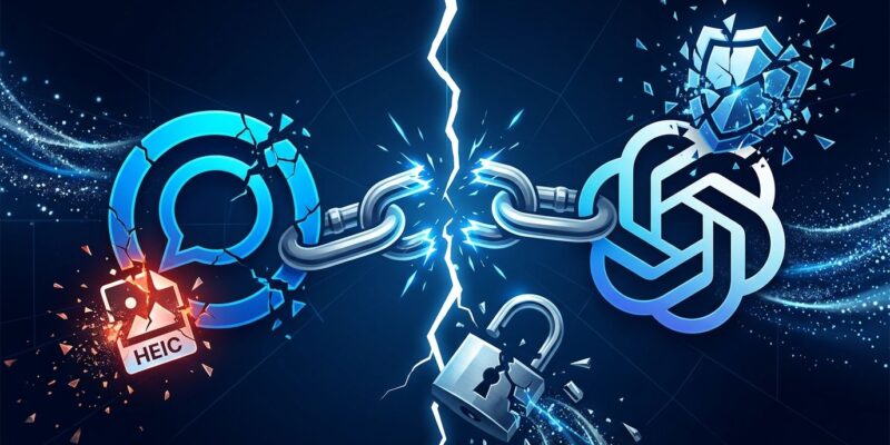 Broken chain link showing Discourse forum and OpenAI logo fragmenting apart, representing the libheif heap overflow and SSO breach attack chain