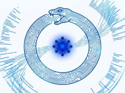 Abstract circuit board ouroboros representing Claude AI helping build the next version of itself at Anthropic