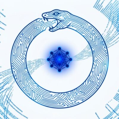 Abstract circuit board ouroboros representing Claude AI helping build the next version of itself at Anthropic