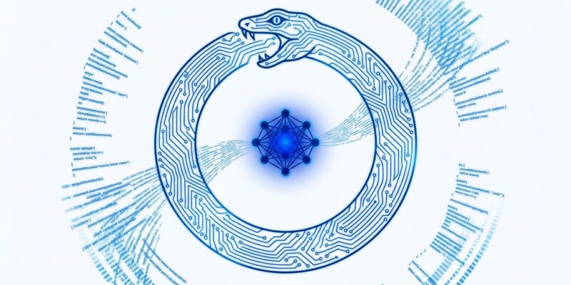 Abstract circuit board ouroboros representing Claude AI helping build the next version of itself at Anthropic