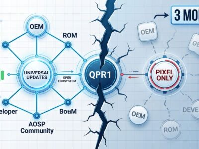 Split-screen diagram showing Android AOSP ecosystem breaking with QPR1 APIs exclusive to Pixel devices