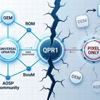 Split-screen diagram showing Android AOSP ecosystem breaking with QPR1 APIs exclusive to Pixel devices
