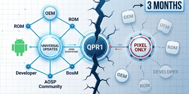 Split-screen diagram showing Android AOSP ecosystem breaking with QPR1 APIs exclusive to Pixel devices
