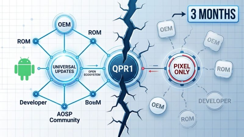 Split-screen diagram showing Android AOSP ecosystem breaking with QPR1 APIs exclusive to Pixel devices