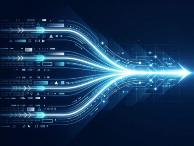 Abstract visualization of multiple AI model outputs flowing in parallel streams converging into a single optimal answer