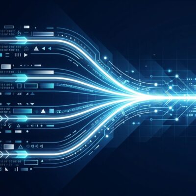 Abstract visualization of multiple AI model outputs flowing in parallel streams converging into a single optimal answer