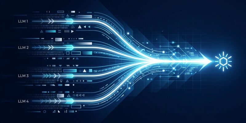 Abstract visualization of multiple AI model outputs flowing in parallel streams converging into a single optimal answer