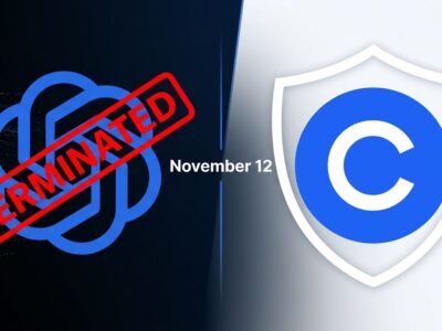 Split-screen showing OpenAI logo with terminated stamp on left and Cursor logo intact on right, with November 12 date dividing them