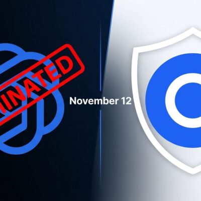 Split-screen showing OpenAI logo with terminated stamp on left and Cursor logo intact on right, with November 12 date dividing them