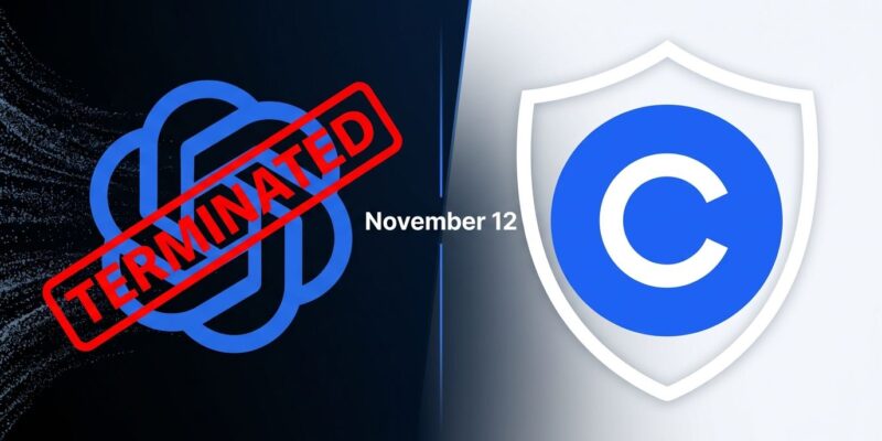 Split-screen showing OpenAI logo with terminated stamp on left and Cursor logo intact on right, with November 12 date dividing them