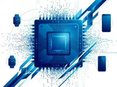 Microchip with on-device AI code snippets dispersing outward — representing Cactus Needle 3 tiny AI model