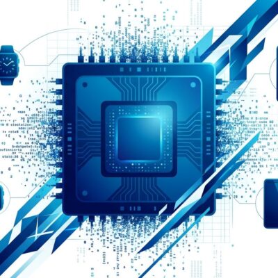 Microchip with on-device AI code snippets dispersing outward — representing Cactus Needle 3 tiny AI model