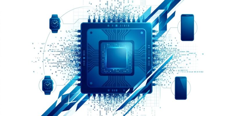 Microchip with on-device AI code snippets dispersing outward — representing Cactus Needle 3 tiny AI model