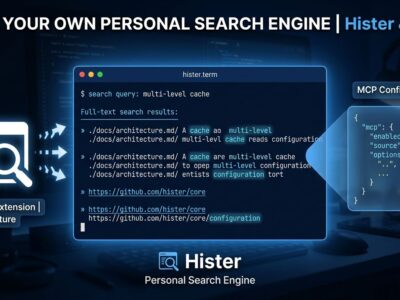 Terminal window showing Hister private search engine results with MCP configuration card - self-hosted browser history search tool
