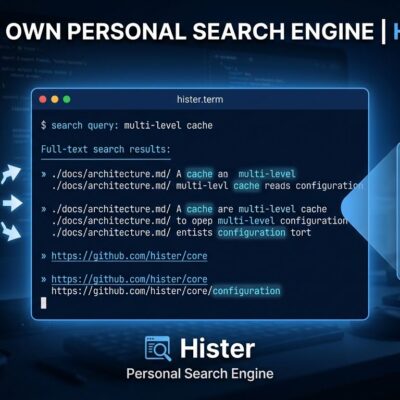 Terminal window showing Hister private search engine results with MCP configuration card - self-hosted browser history search tool