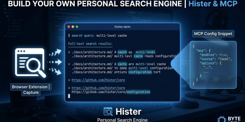 Terminal window showing Hister private search engine results with MCP configuration card - self-hosted browser history search tool