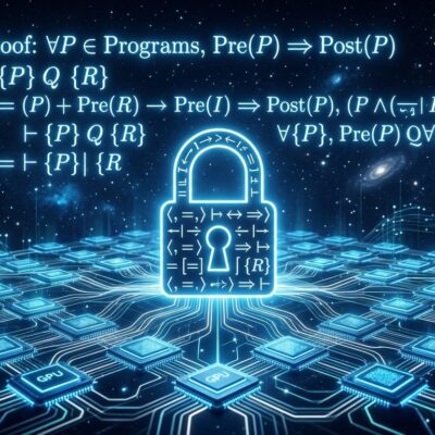 Abstract visualization of formal proof verification and GPU parallel execution representing Bend 2 programming language