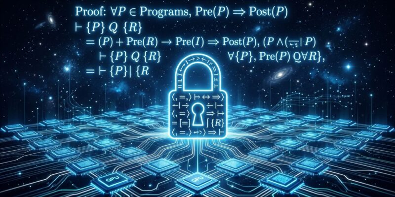 Abstract visualization of formal proof verification and GPU parallel execution representing Bend 2 programming language