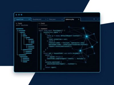 OpenCode terminal AI coding agent interface showing dark terminal with blue code highlighting and AI agent workflow
