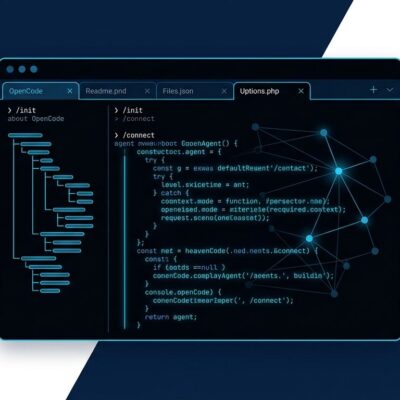 OpenCode terminal AI coding agent interface showing dark terminal with blue code highlighting and AI agent workflow
