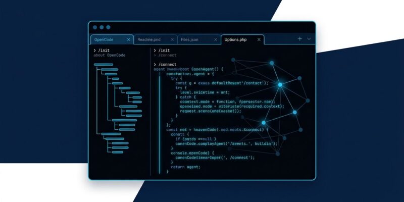 OpenCode terminal AI coding agent interface showing dark terminal with blue code highlighting and AI agent workflow