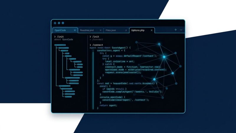OpenCode terminal AI coding agent interface showing dark terminal with blue code highlighting and AI agent workflow