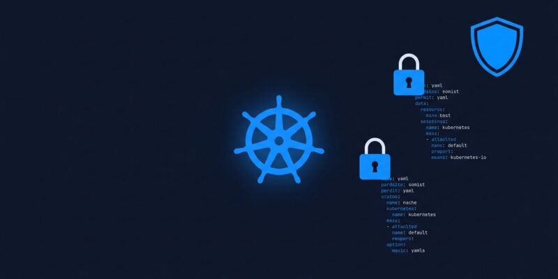 Kubernetes wheel logo with locked padlocks and YAML code illustrating emptyDir and bind mount security hardening in v1.37