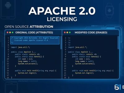 Split-screen code editor showing original code with author credits on the left and erased credits on the right, illustrating Apache 2.0 attribution requirements