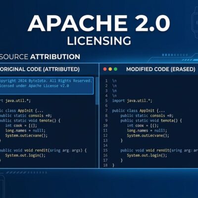 Split-screen code editor showing original code with author credits on the left and erased credits on the right, illustrating Apache 2.0 attribution requirements