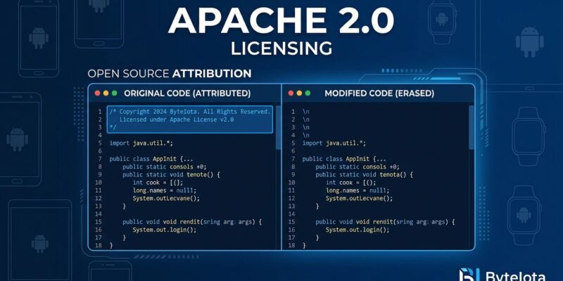 Split-screen code editor showing original code with author credits on the left and erased credits on the right, illustrating Apache 2.0 attribution requirements