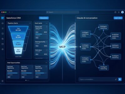 Salesforce CRM data layer connected to Claude AI interface via MCP protocol streams in blue and white