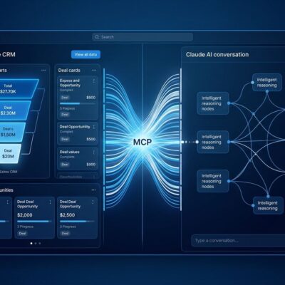 Salesforce CRM data layer connected to Claude AI interface via MCP protocol streams in blue and white
