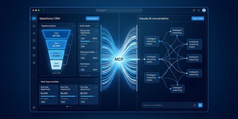 Salesforce CRM data layer connected to Claude AI interface via MCP protocol streams in blue and white