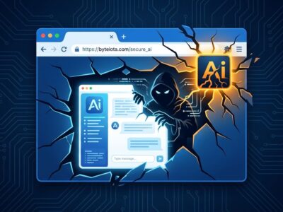 Browser window being hijacked by a malicious extension taking control of an AI assistant - BragJack attack illustration