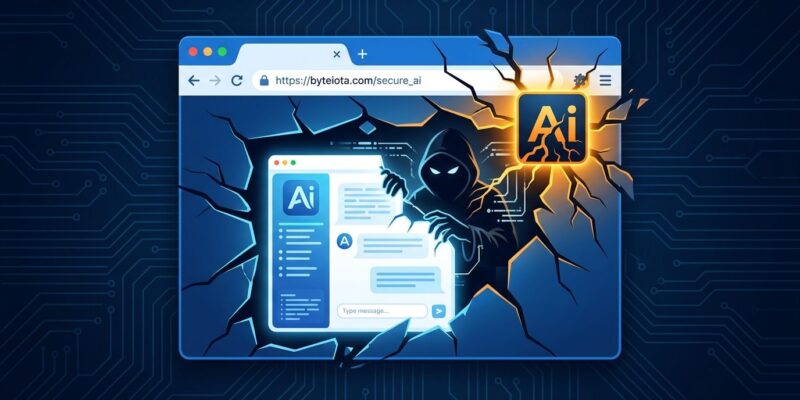Browser window being hijacked by a malicious extension taking control of an AI assistant - BragJack attack illustration