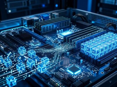 Server memory circuit boards with blue glowing data streams representing jemalloc 5.4 memory allocator optimization
