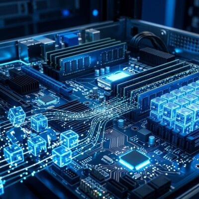 Server memory circuit boards with blue glowing data streams representing jemalloc 5.4 memory allocator optimization