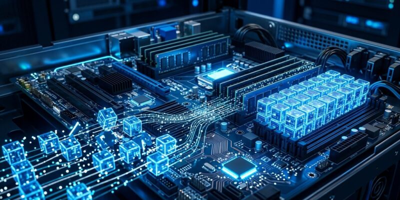 Server memory circuit boards with blue glowing data streams representing jemalloc 5.4 memory allocator optimization