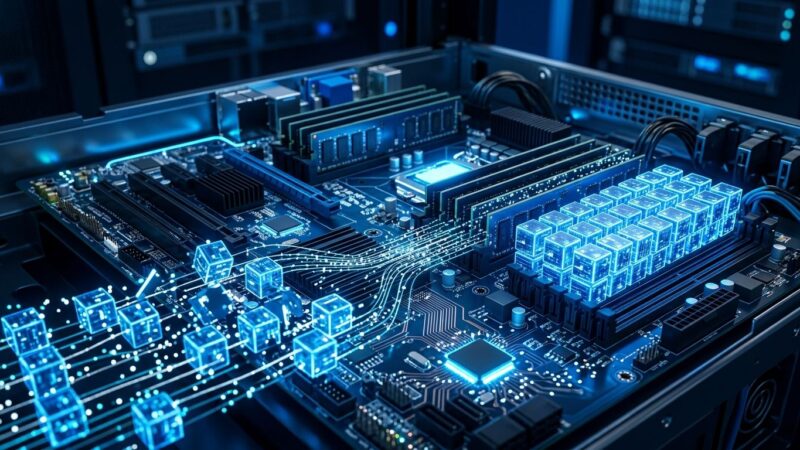 Server memory circuit boards with blue glowing data streams representing jemalloc 5.4 memory allocator optimization