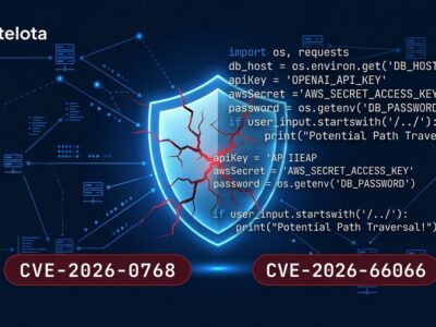 Security shield cracking with CVE-2026-0768 and CVE-2026-66066 warning badges, showing AI API key theft attack