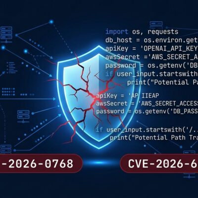 Security shield cracking with CVE-2026-0768 and CVE-2026-66066 warning badges, showing AI API key theft attack