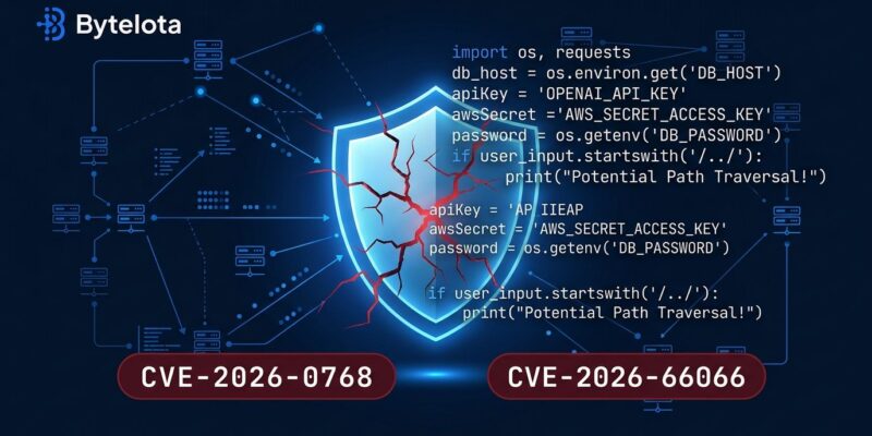 Security shield cracking with CVE-2026-0768 and CVE-2026-66066 warning badges, showing AI API key theft attack