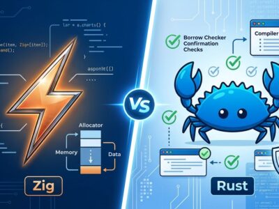 Split-screen comparison of Zig and Rust programming languages showing the Bun rewrite decision factors