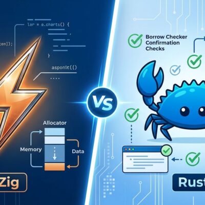 Split-screen comparison of Zig and Rust programming languages showing the Bun rewrite decision factors